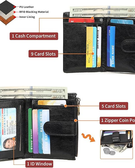 GAEKEAO Womens Wallet Small Leather RFID Blocking Bifold Zipper Pocket Wallet Card Case Purse with ID Window