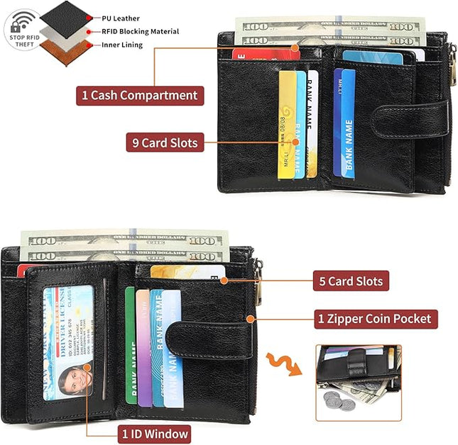 GAEKEAO Womens Wallet Small Leather RFID Blocking Bifold Zipper Pocket Wallet Card Case Purse with ID Window