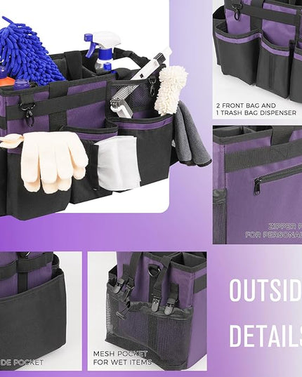 Wearable Cleaning Caddy, Cleaning Caddy Supplies Organizer with Handle & Shoulder Straps for Housekeepers, Under Sink & Car Cleaning Tool Organizers Bag with 4 Foldable Divider (Purple)