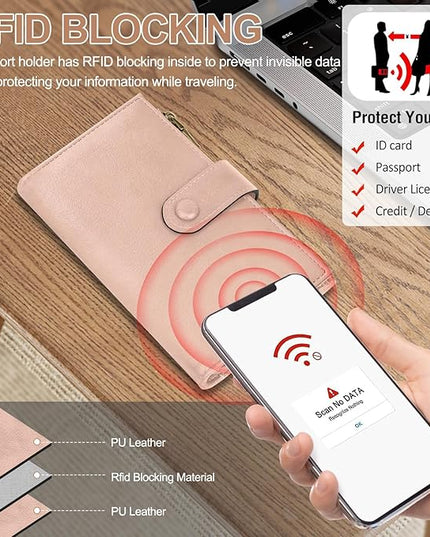 BKNOOU RFID Passport Holder Travel Wallet for Women, Compact Travel Passport Wallet with Zippered Coins Pocket, Leather Passport Cover Travel Wallet for Travel Essentials