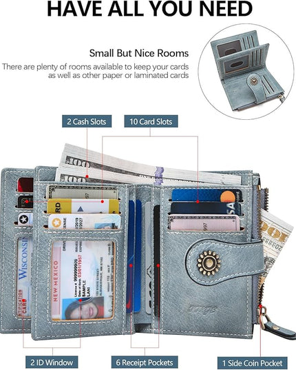 TFKGS Small RFID Blocking Wallet for Women - Leather Slim Bifold Compact Credit Card Holder With ID Window and Zipper Coin Pocket - Blue Birthday