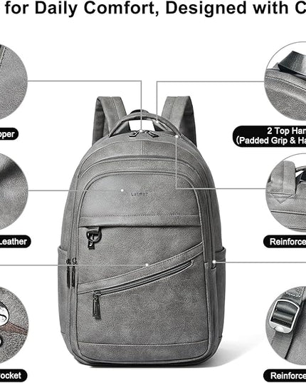 43L Backpack for Women Men - Vegan Leather Backpack Purse Travel Carry-on Bag College Bookbag Work fits 17" Laptop,DimGray