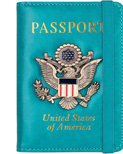 TOURSUIT RFID Blocking Passport Holder for Women Men, Leather Passport Travel Wallet with Metal 3D Metal Badge, Travel Document Holder Cover Accessories (Light Blue)