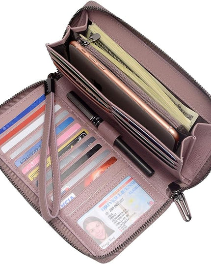 Bveyzi Women RFID Blocking Wallet Leather Zip Around Phone Clutch Large Capacity Ladies Travel Purse Wristlet | RFID Blocking, Zip Around, Large Capacity
