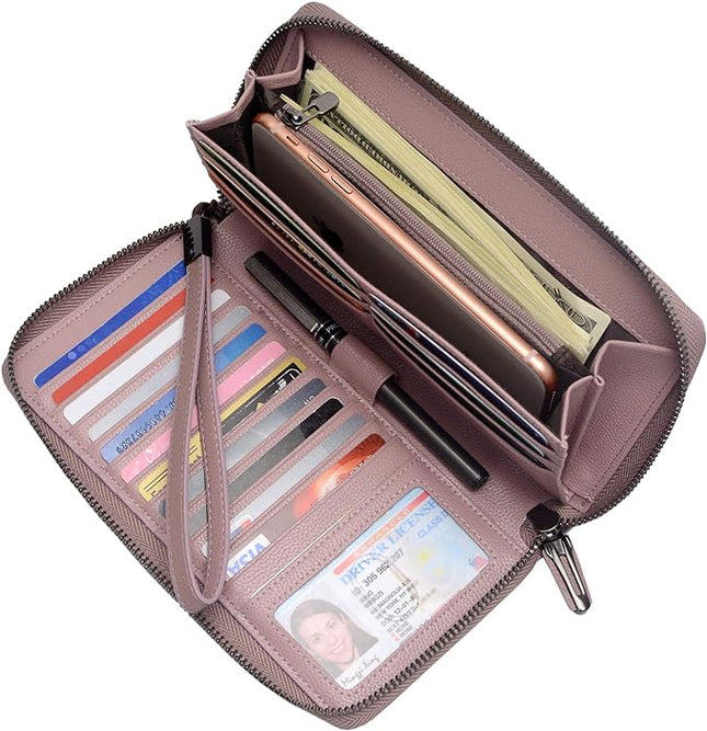 Bveyzi Women RFID Blocking Wallet Leather Zip Around Phone Clutch Large Capacity Ladies Travel Purse Wristlet | RFID Blocking, Zip Around, Large Capacity