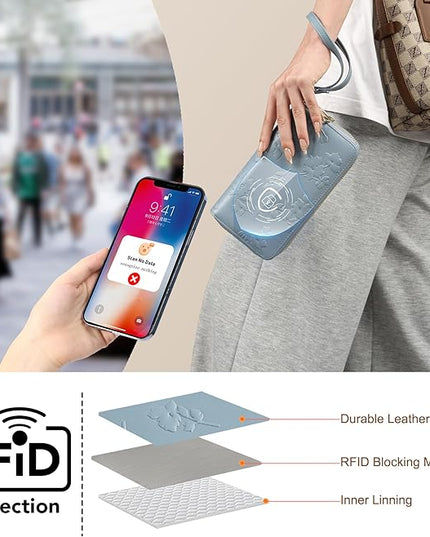 yiijay Womens Wallet RFID Blocking Large Capacity Leather Double Zip Wristlet Wallet Credit Card Phone Holder Ladies Clutch Purse Flora