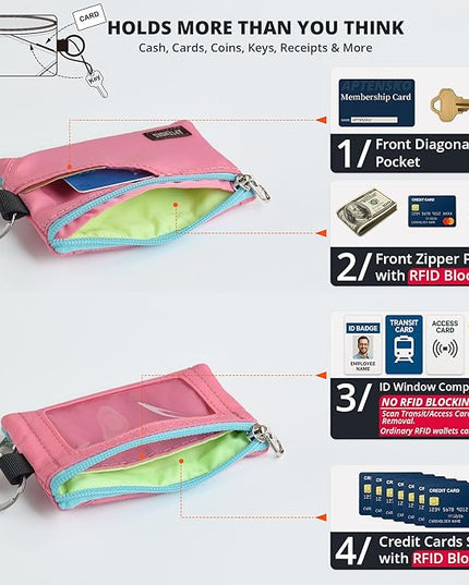 RFID Travel Wallet with Adjustable Lanyard-Zipper Small Wallet with ID Card Holder, Keychain for women&men-Minimalist Slim Waterproof Nylon case for ID, Cash, Key (Pink)