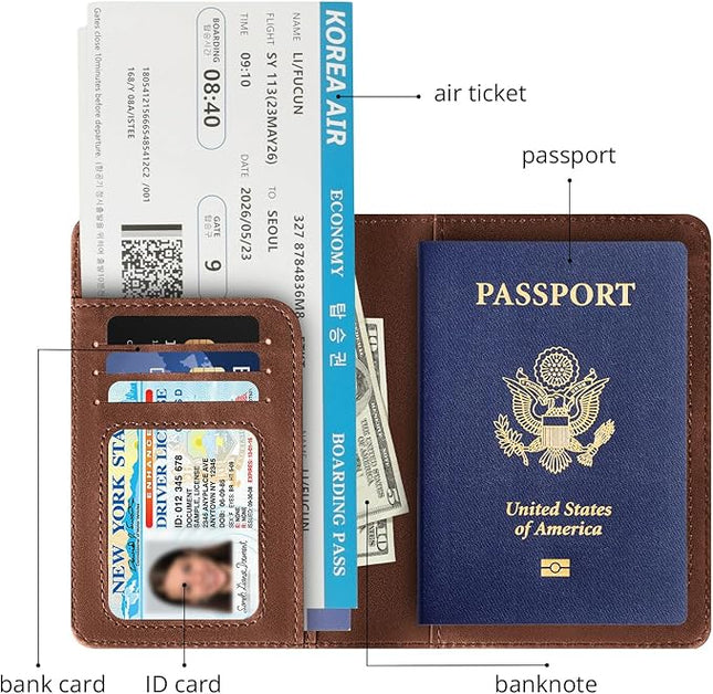 Passport Holder for Travel Essentials,RFID Blocking Passport Cover Wallet Card Case for Women and Men (Brown)