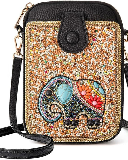 Women's Small Crossbody Cell Phone Bag, Boho Colorful Beaded Purse Wallet with Handmade Cute Patterns