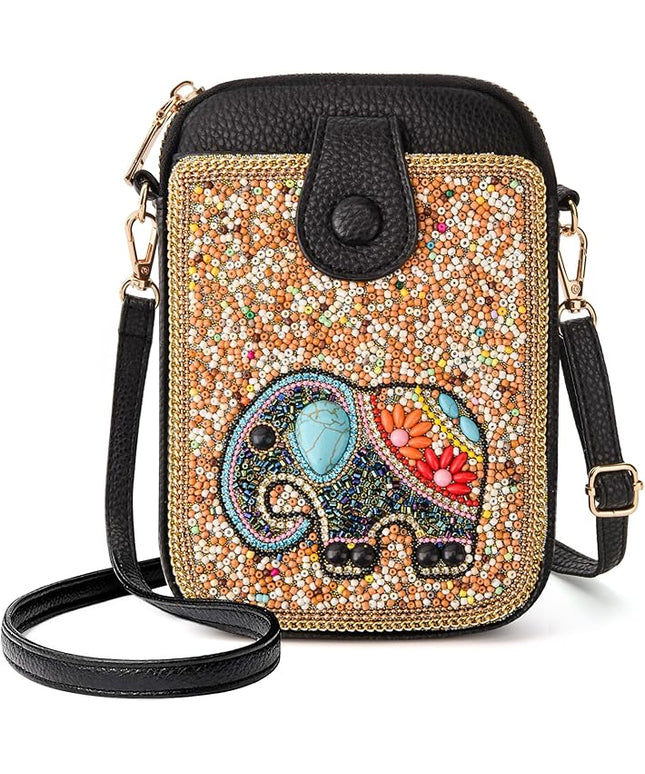 Women's Small Crossbody Cell Phone Bag, Boho Colorful Beaded Purse Wallet with Handmade Cute Patterns