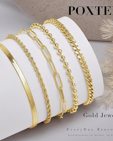 Gold Bracelets Set for Women Stack, Dainty Thick Bracelets Stack for Women Trendy, Simple Thin Gold Plated Cuff Stackable Bracelets With Beaded Cuban Paperclip Snake Rope Bangle Hand Chain Jewelry Gifts for Women Non Tainish