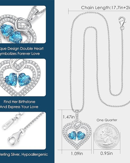 LOUISA SECRET Sparkling Double Heart Birthstone Necklaces for Women, 925 Sterling Silver Fine Jewelry, Pendant Heart Necklaces Birthday Anniversary Christmas Gift for Women Wife Mom Girlfriend Lady