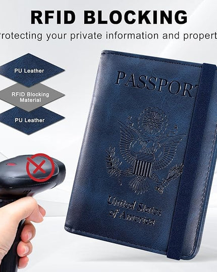 ACdream RFID BLOCKING Passport Holder Travel Wallet, Premium PU Leather Cover Passport Book with Card Holder, Pen Holder, Keep Organization, and Travel Essentials for Women and Men, Blue