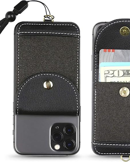 Cell Phone Wallet for Back of Phone with Wrist Strap, Stick On Wallet Credit Card ID Holder with RFID Protection Compatible with iPhone, Galaxy & Most Smartphones and Cases