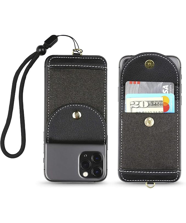 Cell Phone Wallet for Back of Phone with Wrist Strap, Stick On Wallet Credit Card ID Holder with RFID Protection Compatible with iPhone, Galaxy & Most Smartphones and Cases