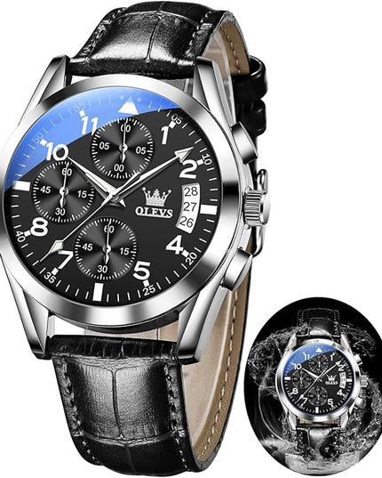 OLEVS Leather Chronograph Watch Men - Leather Strap (Brown/Black), Work Luminous Waterproof Analog Quartz Dress Wrist Watch with Blue/Black/Brown/White Dial