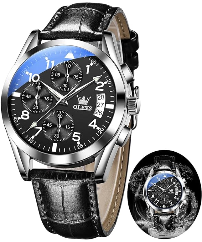 OLEVS Leather Chronograph Watch Men - Leather Strap (Brown/Black), Work Luminous Waterproof Analog Quartz Dress Wrist Watch with Blue/Black/Brown/White Dial