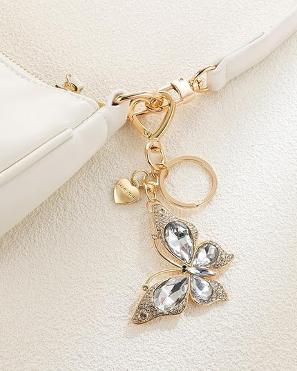 XGALBLA Cute Bling Crystals Rhinestone Butterfly KeyChain with Heart Pendant, Lovely Bag Charms for Handbags Purse Accessory