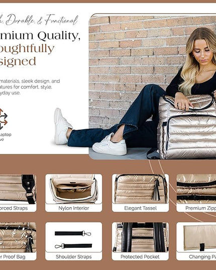 Citi Collective Gallery Diaper Bag Backpack - Casual Day-to-Day Backpack Fits 15" Laptop - Travel Bag with Multiple Compartments, Pockets, Portable Changing Pad, and Shoulder Strap-Gold