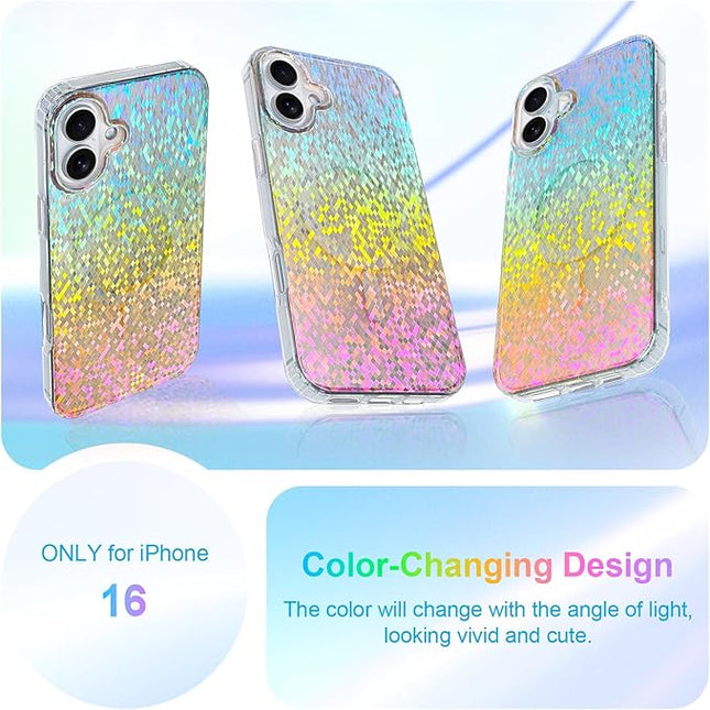 Glitter Case for iPhone 16 Case for Women Girls [ Compatible with Magsafe ] Clear Cute Girly Aesthetic Colorful Iridescent Rainbow Sparkly Sparkle Bling Magnetic Protective Phone Cover