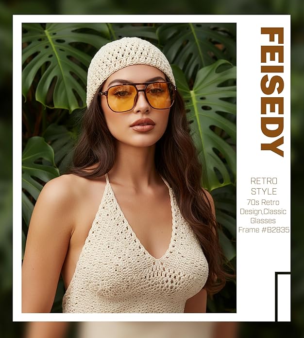 FEISEDY Retro Square Aviator Sunglasses Women Men 70s Vintage Trendy Plastic Frame Sun Glasses B2835