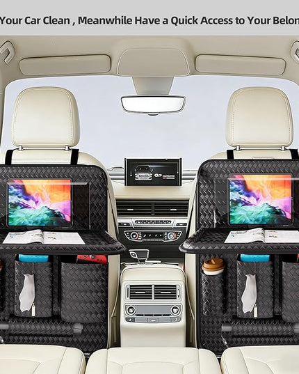 Car Back Seat Organizer, Black Woven Leather Storage Bag, Multifunctional Rear Seat Protector with Tablet Holder, 25.2x17.7 Inches, Abrasion Resistant (black)
