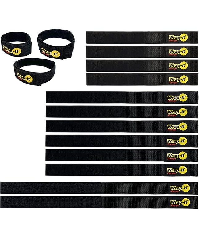 Quick-Straps by Wrap-It Storage - Assorted 12-Pack (Black) - Hook and Loop Hose and Cable Organizers