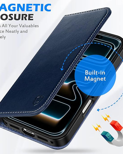SHIELDON Wallet Case for iPhone 17 Pro 6.3" 2025 | Genuine Leather | RFID Blocking | Credit Card Holder | Folio | Magnetic Closure | Kickstand | TPU Protective Phone Cover | Retro Dark Blue