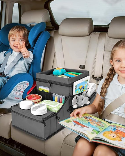 COOLBEBE Car Seat Organizer, Backseat Car Organizer with Cup Holders for Kids and Adults Travel, Cooler Compartment Passenger Seat Organizer Storage Box for Front or Middle Seat, Grey