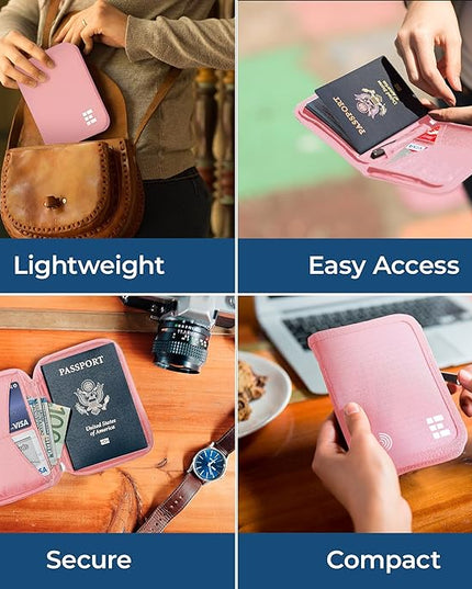 Zero Grid Passport Holder & Travel Wallet with RFID Blocking, Premium Document Organizer for Men & Women, Holds Passports, Cards, Tickets, ID & Cash, Compact Zippered Wallet - Rose Pink