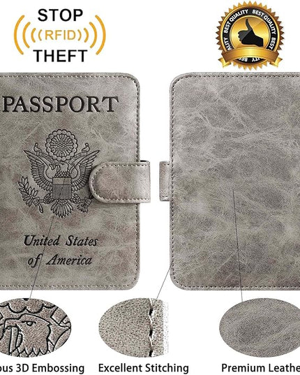 Passport Holder With Luggage Tag Cover Wallet RFID Blocking Leather Case Travel Essentials Accessories Travel Must Have(114#Grey)
