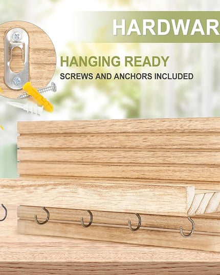 Lwenki Decorative Key Holder for Wall with Shelf, Entryway Shelf with Hooks Holds Leashes, Jackets and Glasses – Sturdy Wood Keyholder Entrance Hanger with Mounting Hardware (Wood, Medium)