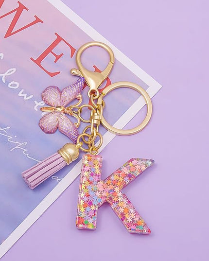 Fashion Alphabet Initial Letter Keychain Tassel Butterfly Pendant Key Ring for Purse Handbags Women Girl