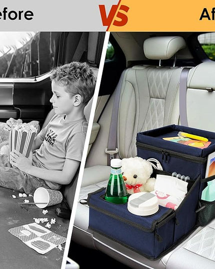 Car Seat Organizer, Backseat Car Organizer with Cup Holder Tray and Storages for Kids and Adults, Portable Travel Cooler for Car for Front or Back Seat Passenger Organizer Ccompartment (Navy Blue)
