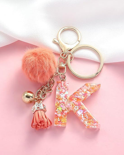 Resin Alphabet Initial Letter Keychain Keyring for Women Purse Handbags With Fur Ball Pom