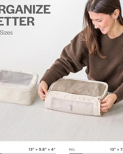 Aerotrunk Compression Packing Cubes for Travel - Luggage Organizer Bags - Double Zipper Packing Cubes for Suitcases (2-Pack, Beige)