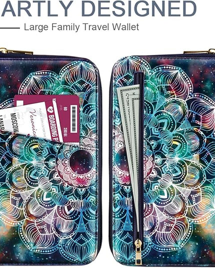Family Passport Holder Wallet RFID Blocking Document Organizer PU Leather Mulit-purpose Travel Wallet Credit Cards Case for Women Men,Mandala