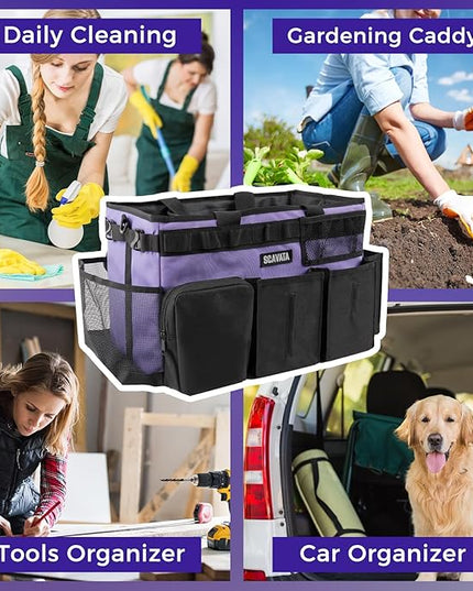 Wearable Cleaning Caddy Bag, Cleaning Caddy Supplies Organizer with Handle & Shoulder Straps for Housekeepers, Under Sink & Car Cleaning Tool Organizers with 4 Foldable Divider (Purple)