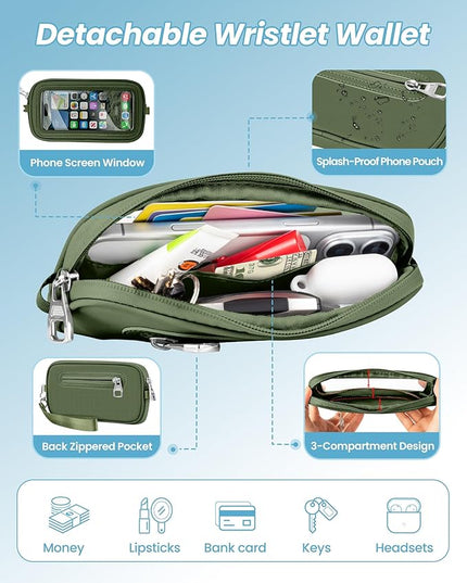 SHANSHUI Clip and Go Phone Strap Wallet Crossbody Phone Lanyard, Detachable Wristlet Strap with Zipper Phone Screen ID Window, 2 Pcs Metal Tether Pads Compatibe for iPhone & Most Smartphones Green