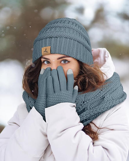 Winter Beanie Hat Scarf Gloves, Warm Fleece Knit Hats Touch Screen Gloves Neck Scarf Set Winter Gifts for Unisex Adult