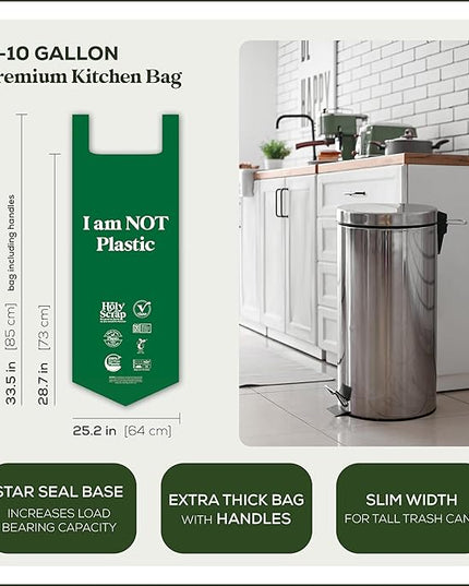 Large Slim Compostable Trash Bags - 8-10 Gallon, 60 Pack | Plastic-Free Tall Kitchen Garbage Bags & Liners with Easy-Tie Handles | Thick Bin Bag Liners for Green & Food Waste