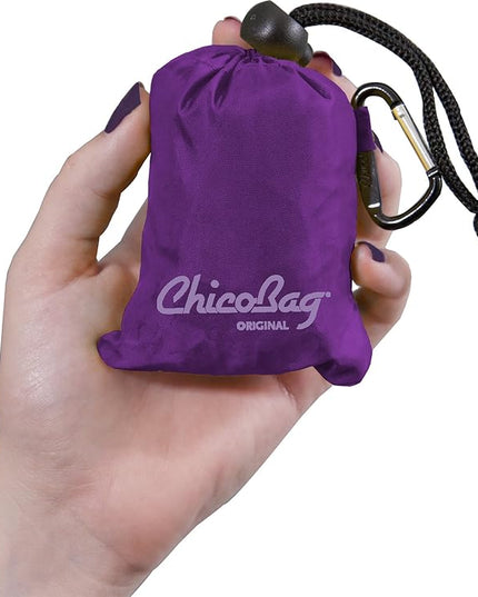 ChicoBag Original Compact Reusable Grocery Bag w/Attached Pouch and Carabiner Clip | Perfect for Shopping, Travel, Organization | Eco-Conscious Packable Tote | Purple (Pack of 4)