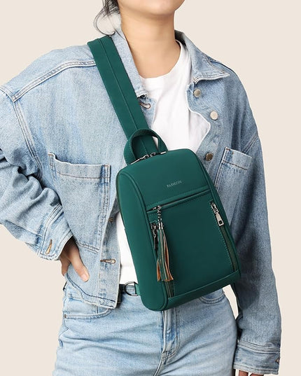 FADEON Sling Bag for Women, Crossbody Backpack with Tassels, Designer Leather Shoulder Chest Bags for Travel