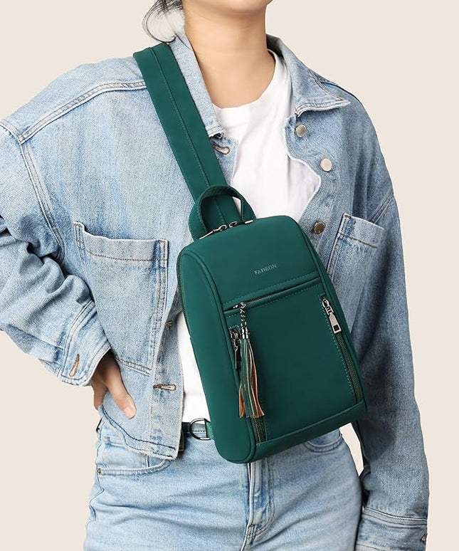 FADEON Sling Bag for Women, Crossbody Backpack with Tassels, Designer Leather Shoulder Chest Bags for Travel
