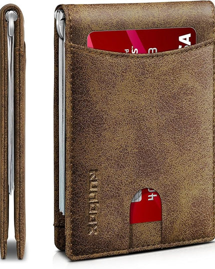 RUNBOX Slim Wallet for Men Genuine Leather RFID Blocking Bifold Minimalist Front Pocket Mens Wallet with Money Clip Thin Gift Box