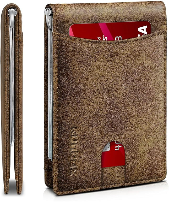 RUNBOX Slim Wallet for Men Genuine Leather RFID Blocking Bifold Minimalist Front Pocket Mens Wallet with Money Clip Thin Gift Box