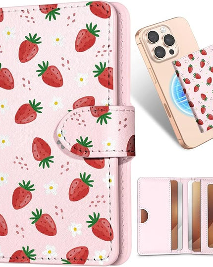 Shorogyt for Magnetic Phone Wallet Compatible with Magsafe Card Holder -Cute Luxury Slim Leather Mag Wallets for Women Fit 4 Cards,for iPhone 17/16/15/14/13/12 Series for Apple RFID Magnet, Strawberry