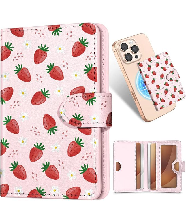 Shorogyt for Magnetic Phone Wallet Compatible with Magsafe Card Holder -Cute Luxury Slim Leather Mag Wallets for Women Fit 4 Cards,for iPhone 17/16/15/14/13/12 Series for Apple RFID Magnet, Strawberry
