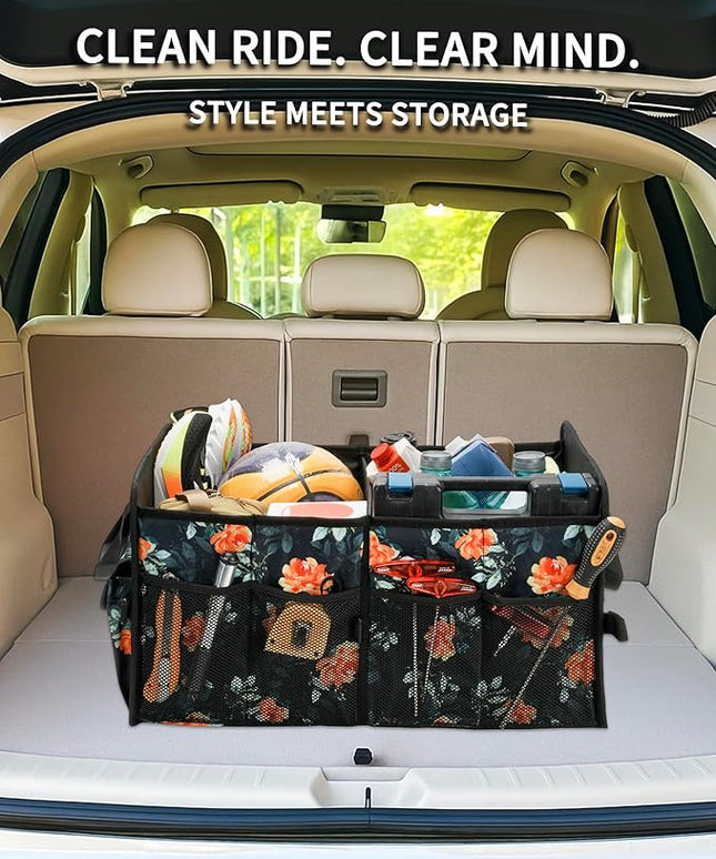 Sturdy Car Trunk Organizer – Large Capacity Trunk Organizer for SUVs & Sedans, Hard-Shell One-Piece Design with Cute Print, Collapsible and Durable Car Organizers (Flower 70L)