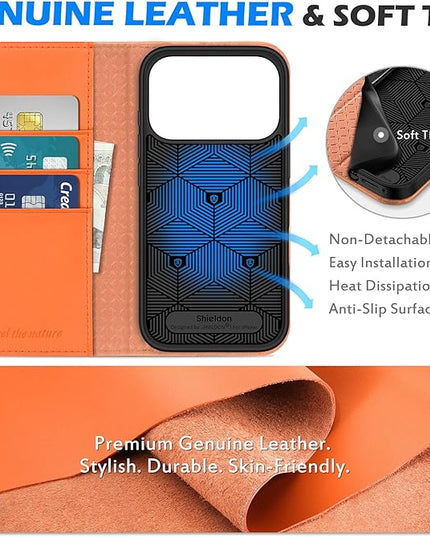 SHIELDON Case Wallet for iPhone 17 Pro 6.3-inch | Genuine Leather, RFID Blocking Credit Card Holder, Magnetic Closure, Folio Design, Kickstand, TPU Soft Full Protective Cover 2025 - Orange